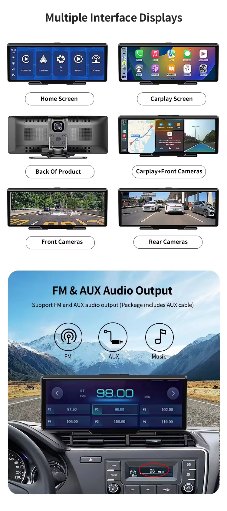 New Cross-Border 10.26-Inch 4K High-Definition Dual-Recording Dash Cam with 1080P Wireless Carplay