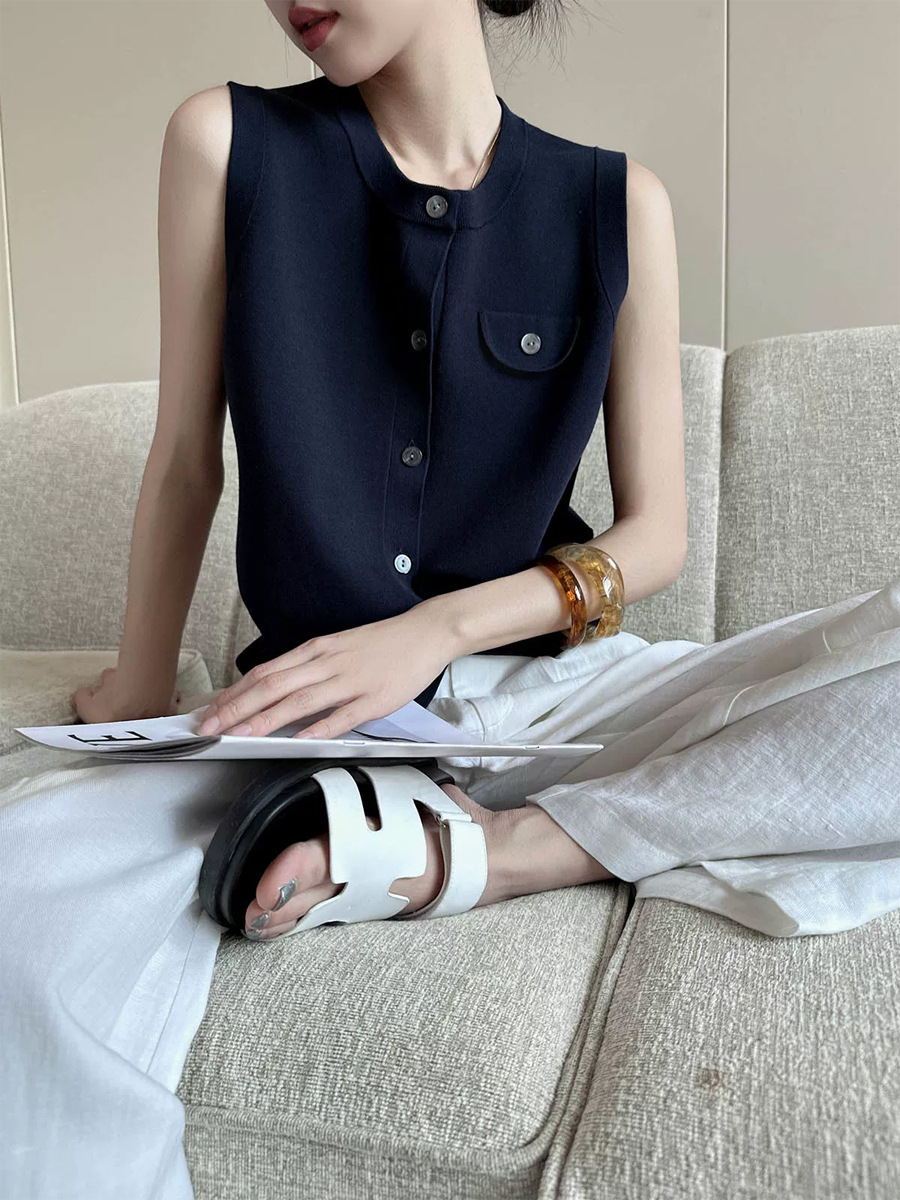 Áo len cardigan không tay nữ mùa hè cao cấp, chất liệu mỏng nhẹ — Xanh lông mòng đen