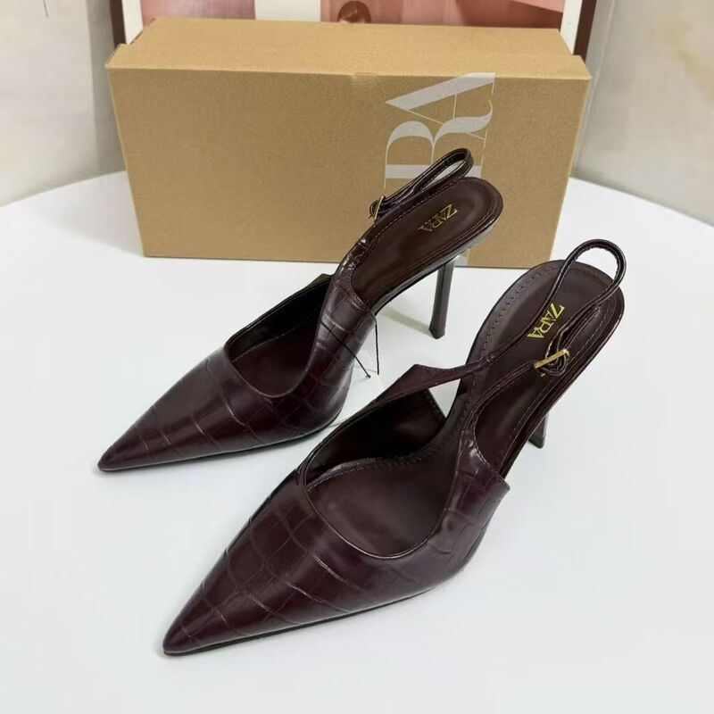 ZA2026 New Wine Red Crocodile Pattern Women's Shoes Pointed Toe Stiletto Shallow High Heel Mules with Back Strap Sandals for Women ZA2026 New Wine Red Crocodile Pattern Women's Shoes Pointed Toe Stiletto Shallow High Heel Mules with Back Strap Sandals for Women