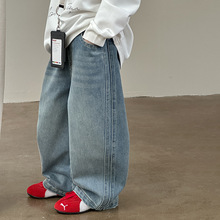 【植绒/加绒双版本】男女儿童韩版宽松时髦保暖休闲拼接牛仔裤冬