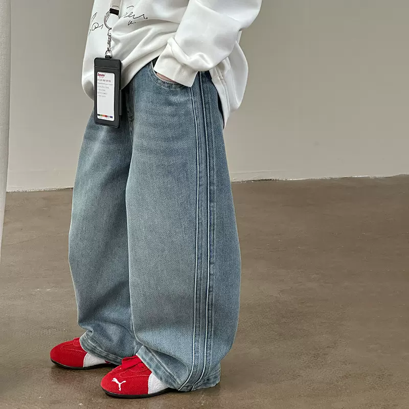 【植绒/加绒双版本】男女儿童韩版宽松时髦保暖休闲拼接牛仔裤冬