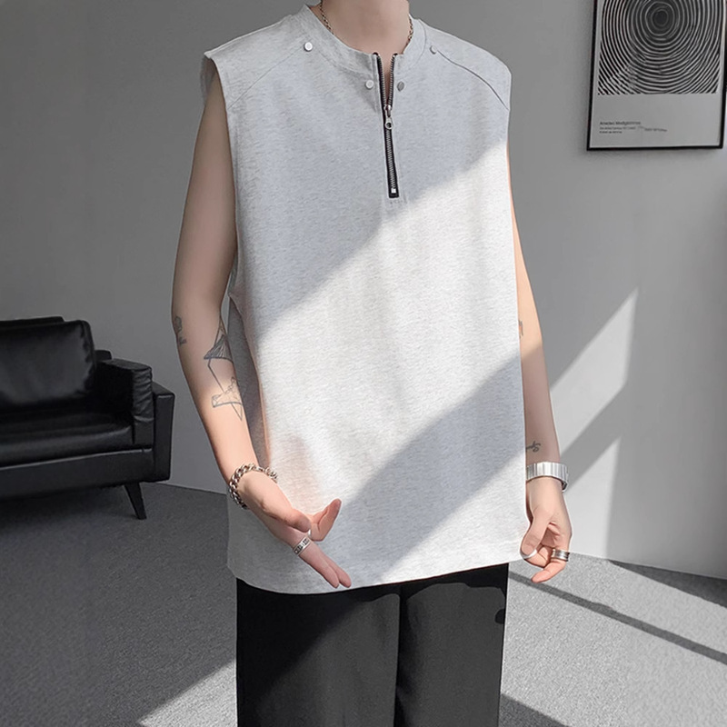 Half-Zip Rivet Sleeveless T-Shirt Men's Summer Trendy American High Street Clothing Loose Heavyweight Sports Vest Half-Zip Rivet Sleeveless T-Shirt Men's Summer Trendy American High Street Clothing Loose Heavyweight Sports Vest