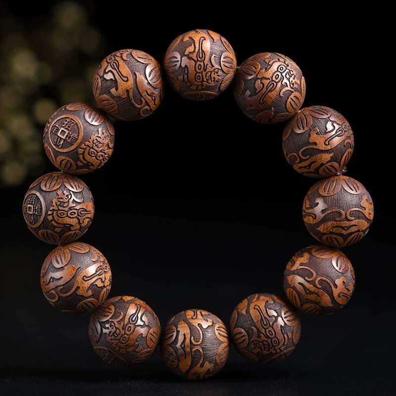 Ethnic Rosary Prayer Beads, Walnut Round Beads 20 mm, 12-Unit Mala with Gourd & Card