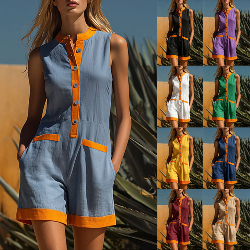 Cross-Border Amazon Best-Selling Patchwork Jumpsuit with Stand Collar, Sleeveless, Loose-Fitting Vacation Style One-Piece Shorts, Foreign Trade Women's Clothing