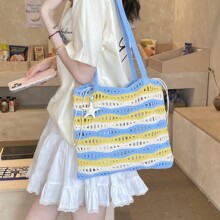 夏季新款撞色水波纹镂空度假沙滩包女高级感法式慵懒感腋下托特包
