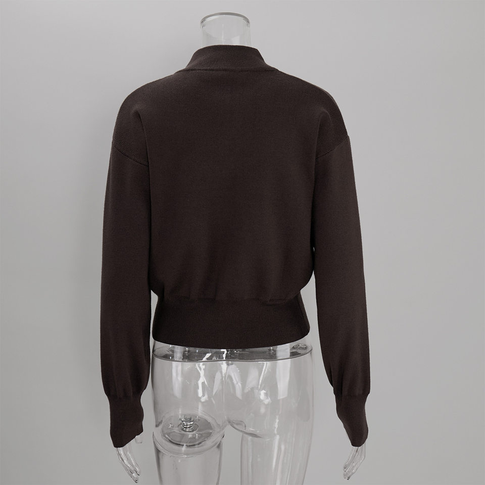 Áo khoác cardigan len dệt kim cổ đứng khóa kéo hai chiều dài tay — Màu nâu cà phê, Màu trắng, màu đen, màu đỏ chi tiết 31