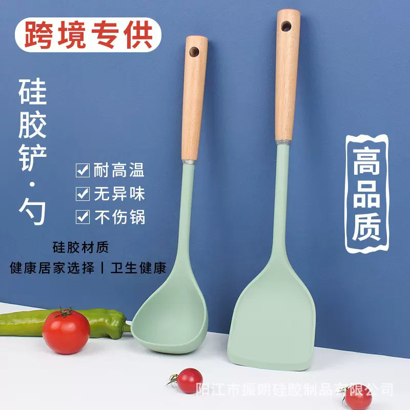 跨境专供木柄硅胶铲不粘锅炒菜铲子耐高温硅胶铲勺套装硅胶汤勺