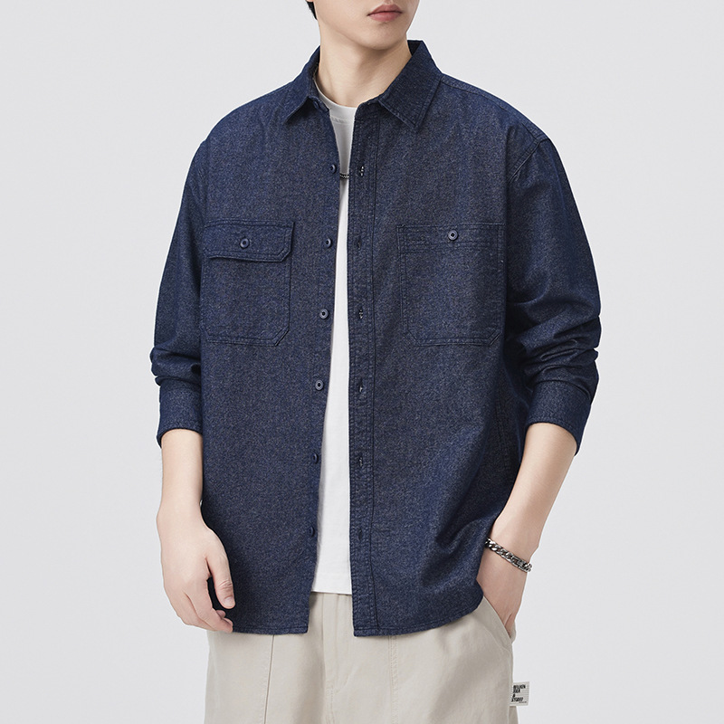 Pure cotton single-sided fleece imitation denim shirt for men, autumn 2026 new style, loose fit, large size, casual jacket, spring and autumn shirt