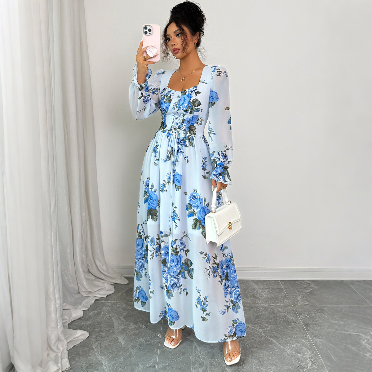 Women's Elegant Simple Printed Long Sleeve Dress Ruffled Trim Autumn Winter Fashion Offering Both Style And Comfort_ecoleips.com