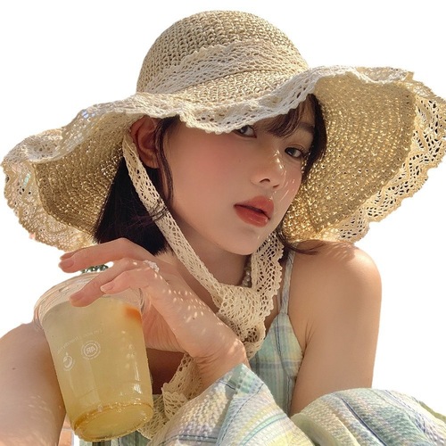 Cross-border wholesale lace lace beach hat straw hat women summer curly seaside hollow lace sun hat big brim