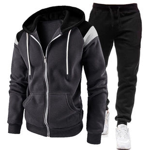 Cross-border new Amazon Men's color matching zipper hoodie sweatshirt sweatpants autumn and winter fleece-lined leisure sports suit