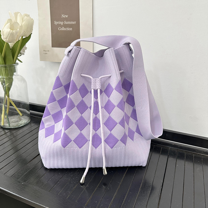 Nuevo bolso de cubo con cordón, bolso de punto, bolso de mano casual de gran capacidad, tablero de ajedrez, bolso tejido de moda de doble clavija