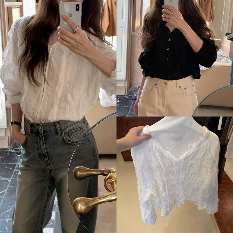 Fan Sun·Xh Korean-Style Pleated V-Neck Slim-Fit Long-Sleeve Shirt, Dongdaemun Autumn New Gentle Solid Color Top Fan Sun·Xh Korean-Style Pleated V-Neck Slim-Fit Long-Sleeve Shirt, Dongdaemun Autumn New Gentle Solid Color Top