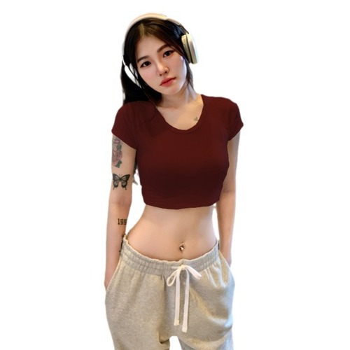 Ins Sexy Bare-Breasted Short-Sleeve Solid Color Women's Slimming Bodycon U-Neck Baseline Top