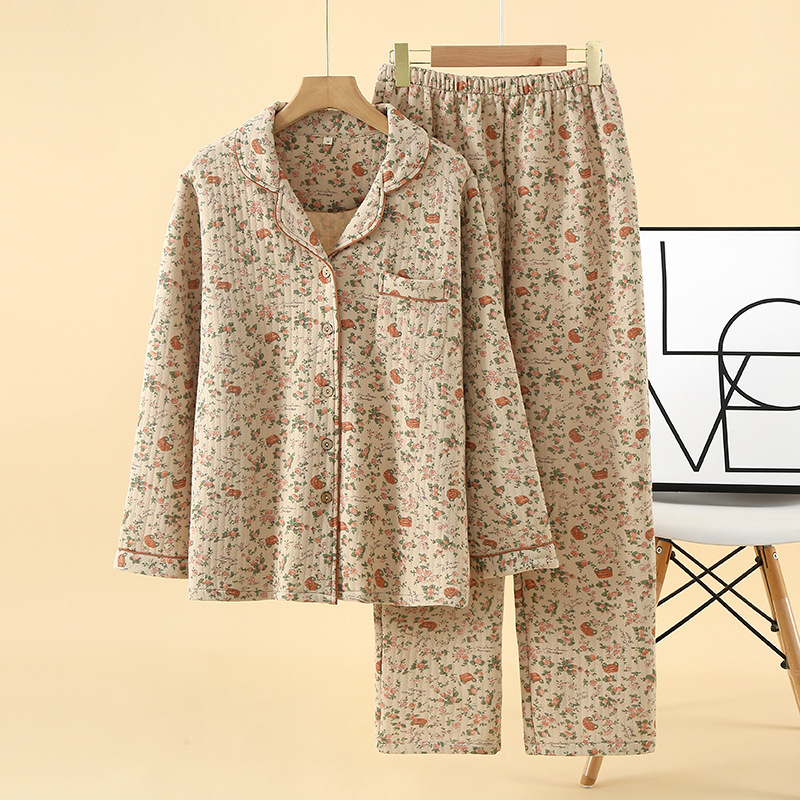 Pijamas acolchados Otoño e Invierno de las mujeres la solapa manga larga retro pijamas sueltos desgaste del hogar se puede usar fuera estilo japonés