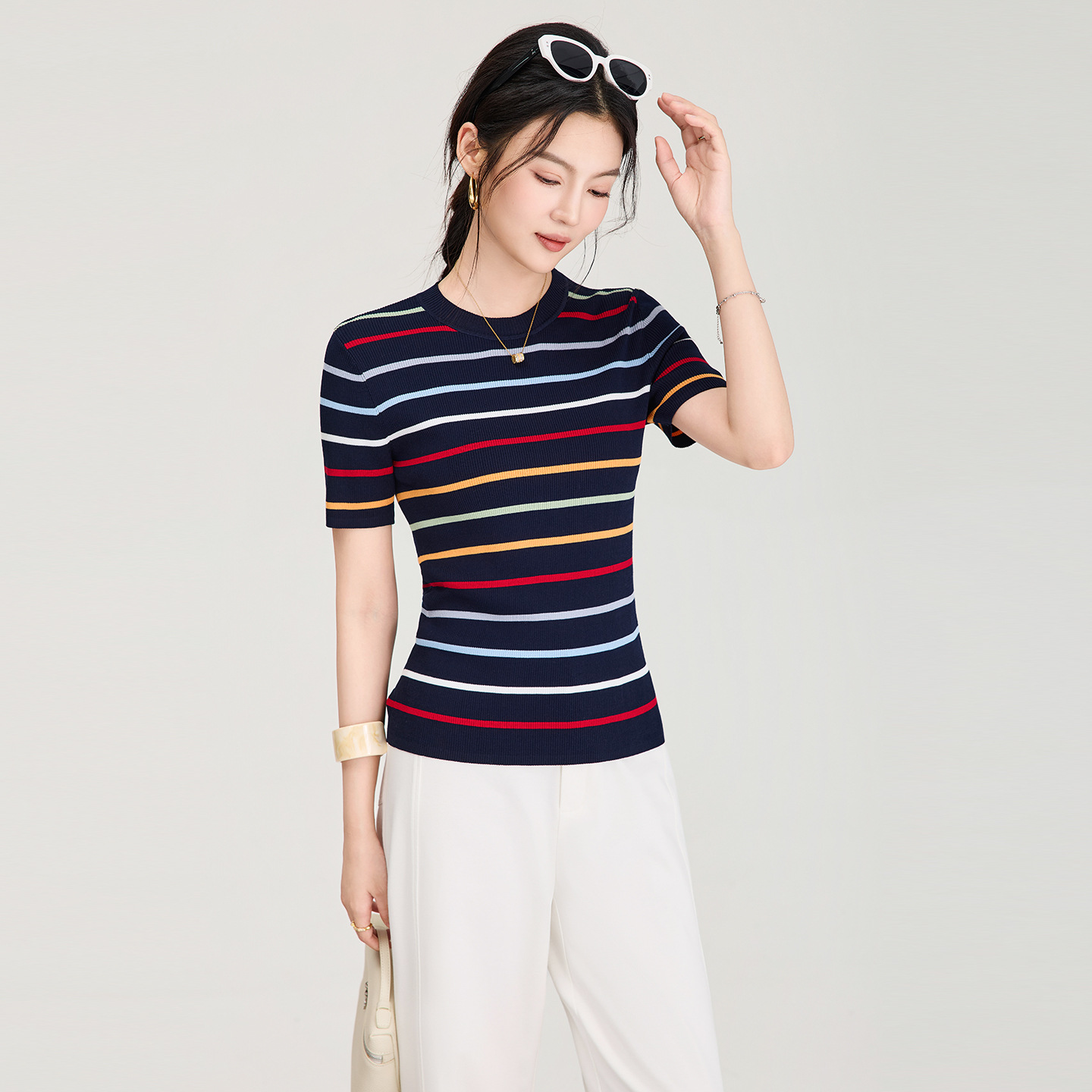 Áo thun nữ cổ tròn sọc kẻ dệt kim mỏng mùa hè — màu xanh navy
