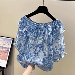 砕花雪紡織シャツ女2025夏の新型ファッション洋風一字肩半袖上着ハスの葉の縁がきれいなシャツ