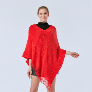 Aliexpress Hot Style 2023 Loose Tassel Cape Shawl Sweater Pullover Autumn and Winter Knitted Jacket Bat Shirt for Women