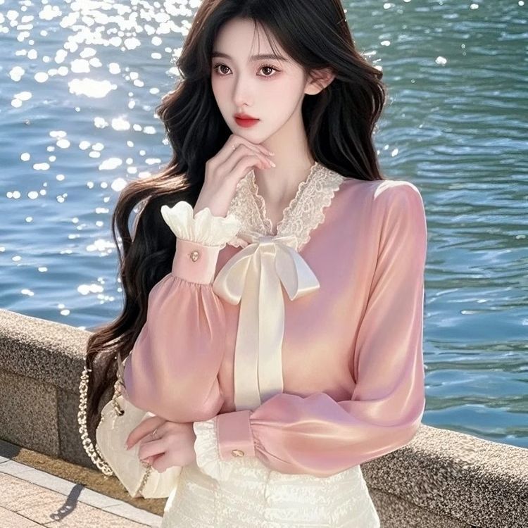 Satin Lace Ribbon Shirt Women's Tops 2025 Spring New Style Light Luxury Lady Chic Elegant Shirt