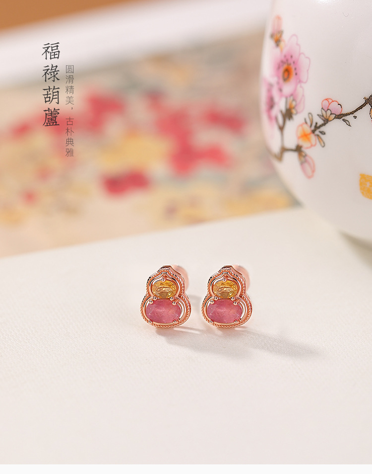 Khuyên tai bạc S925 mạ vàng hồng hình quả hồ lô phong cách tân cổ điển — một đôi chi tiết 2