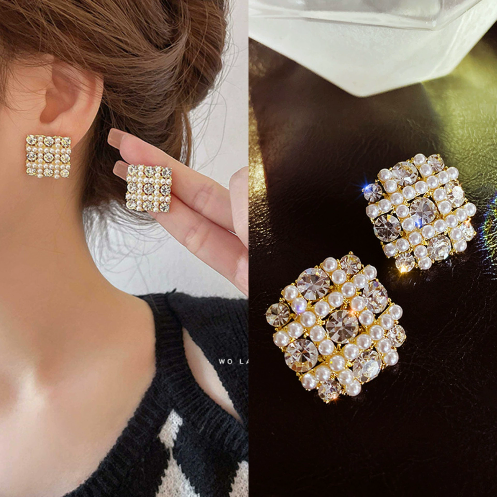 Universal earrings from pearl, light luxury style, diamond encrusted