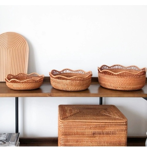 厂家批发越南秋藤编缕空水果篮三件套糖果筐面包馒头筐收纳筐