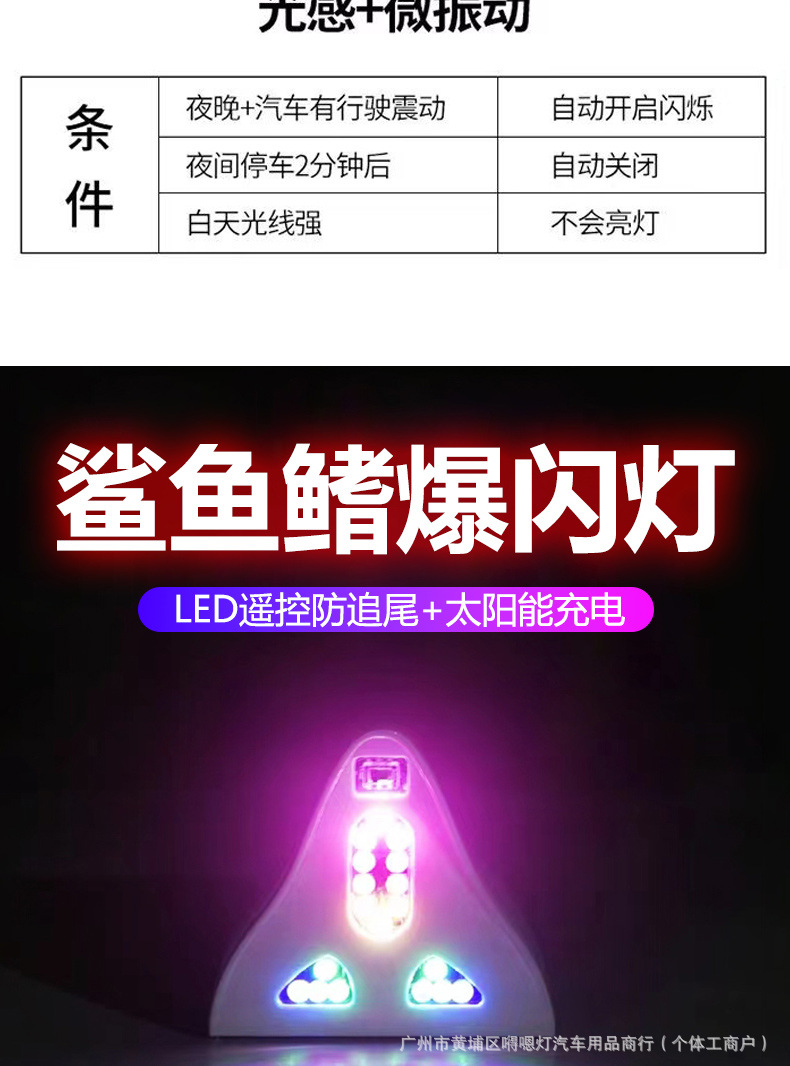 Car solar-powered shark fin radio antenna with flashing lights, remote-controlled body decoration, replacement for the original car roof spoiler light