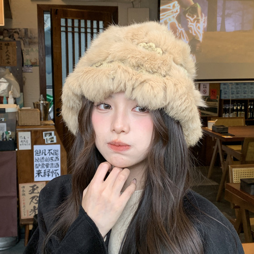 Rabbit fur hat for women winter cute furry Internet celebrity fur autumn and winter thickened plush warm wool knitted hat