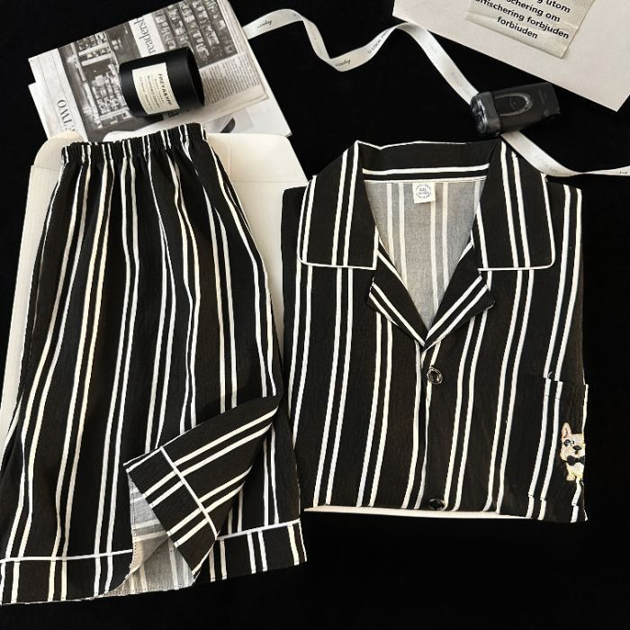 Pijamas de hombre a rayas negras coreanas primavera y verano manga corta nube de algodón puro traje de servicio a domicilio para jóvenes