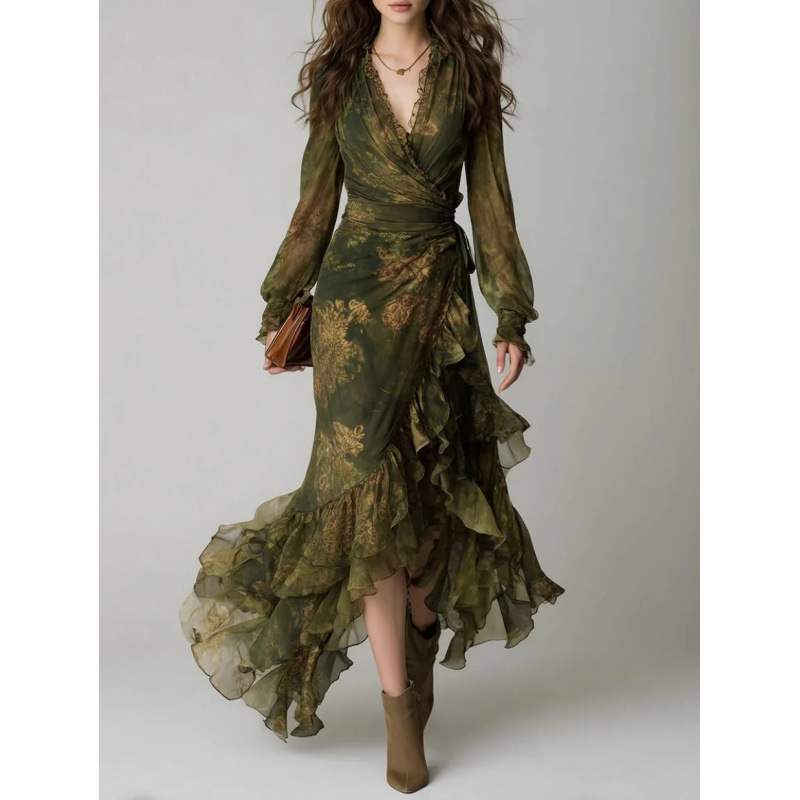 2026 Vintage Dark Green Gradient Print Wrap Dress with Long Sleeves, Ruffled Irregular Fairy Dress 2026 Vintage Dark Green Gradient Print Wrap Dress with Long Sleeves, Ruffled Irregular Fairy Dress