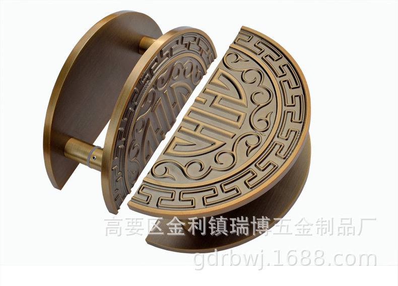 古铜色雕刻门把手中式玻璃门木门把手实心铝板定制对装