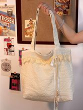 森系流行褶皱设计帆布包2024新款时尚韩系清新百搭大容量单肩包女