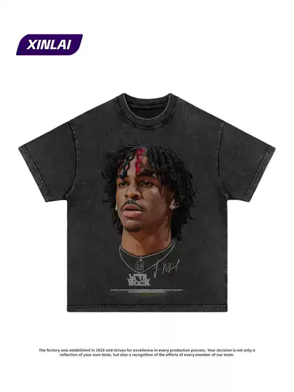Cross-Border Star Grizzlies Ja Morant American-Style Distressed Oversized Graphic Tee High-Street Hip-Hop Mens Top