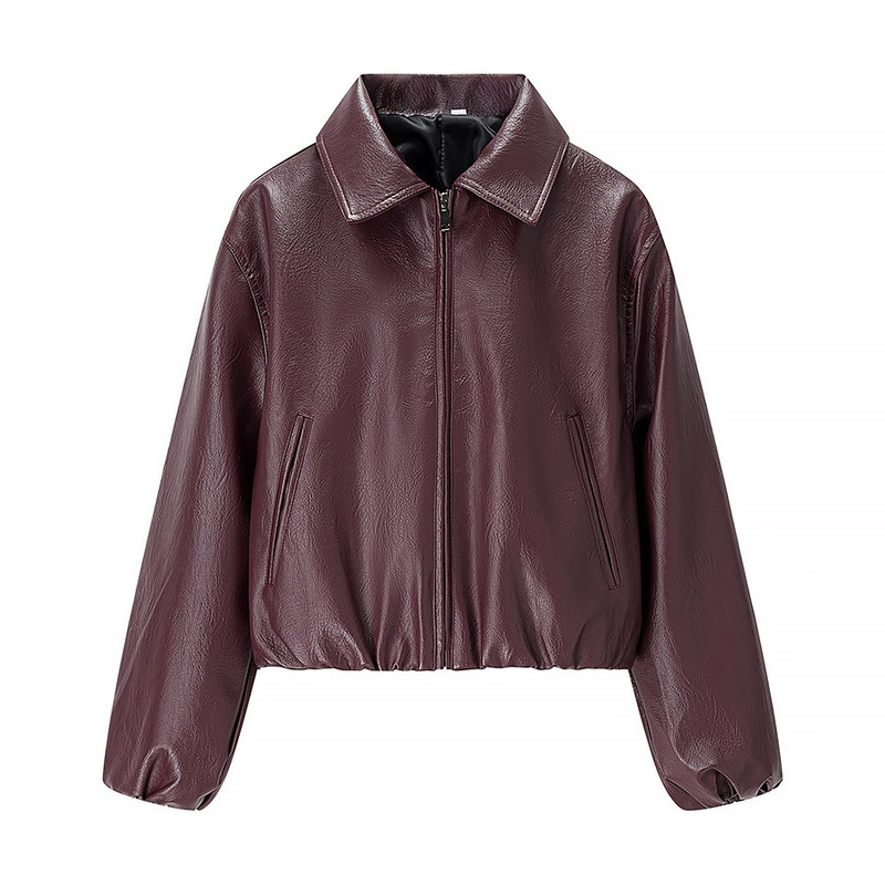 Foreign Trade Cross-Border In-Stock European and American Style 2025 Autumn New Women's Retro Lapel Long-Sleeve Leather Jacket