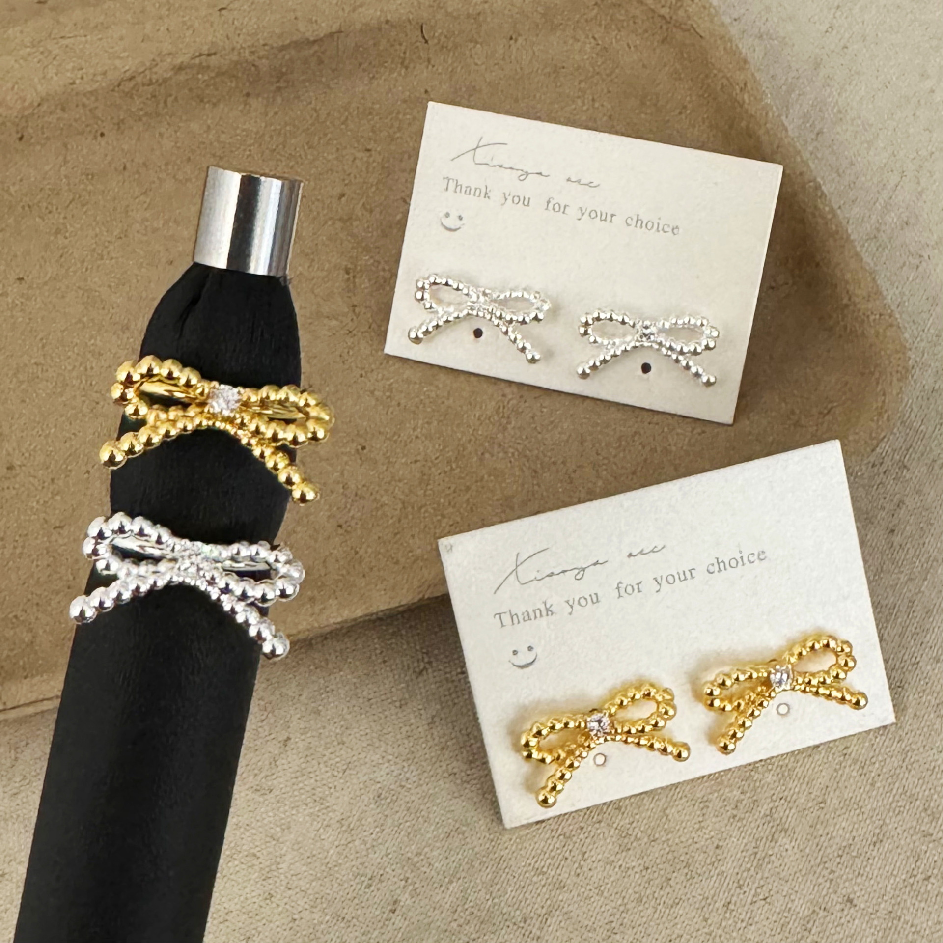 Sweet, Fashionable, Everyday, Versatile, High-End Bow Earrings and Rings Collection, Niche Commuter Design Jewelry for Women