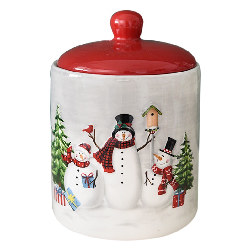 Nórdico de Navidad muñeco de nieve redondo sellado tarro grande de cerámica tarro de merienda creativo regalo de Navidad tarro de almacenamiento