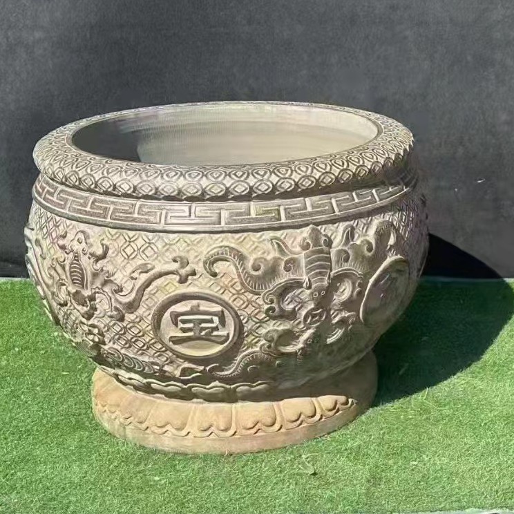 批发石雕鱼缸石材荷花池圆缸花盆庭院仿古青石石缸养鱼池摆件