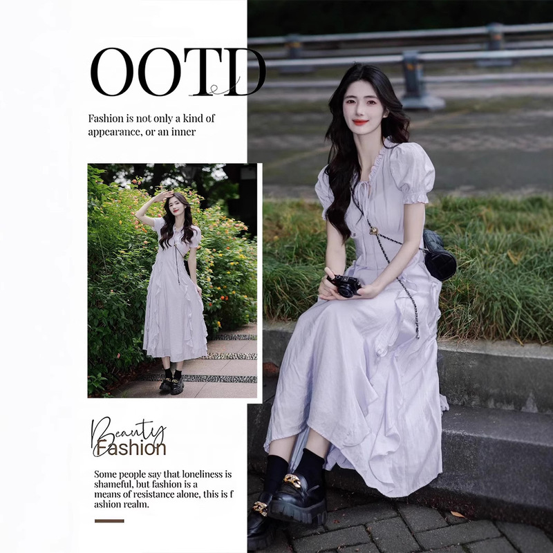 French Style Platycodon Bubble Sleeve Purple dress Women's 2025 Summer New Ruffled Elegant Slim Beautiful Long Dress French Style Platycodon Bubble Sleeve Purple dress Women's 2025 Summer New Ruffled Elegant Slim Beautiful Long Dress