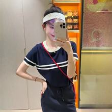 夏季薄款简约百搭显瘦撞色正肩体恤衫上衣女冰丝条纹圆领短袖T恤