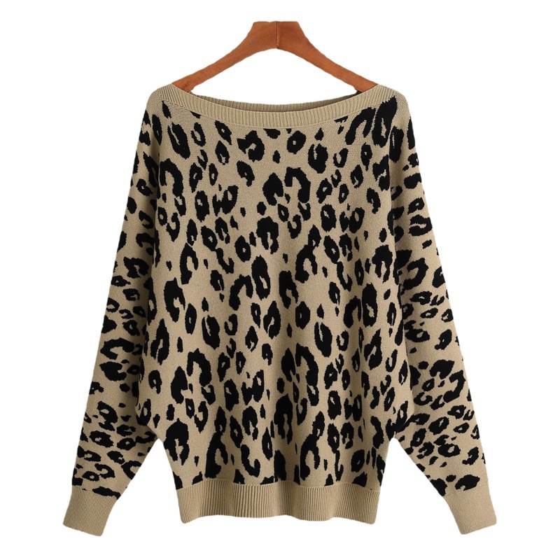 2022 Otoño e Invierno transfronteriza europea y americana Suéter de mujer cuello suelto camisa de murciélago jacquard industria pesada suéter con estampado de leopardo