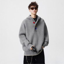 美式彩色纽扣连帽毛衣外套男女秋冬新款宽松慵懒风潮牌针织衫上衣