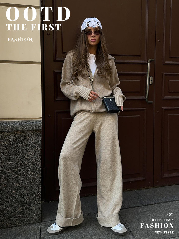 Bộ áo cardigan dệt kim khóa kéo phối quần dài ống rộng nữ — màu bột yến mạch, màu nâu, màu xám, trắng chi tiết 1
