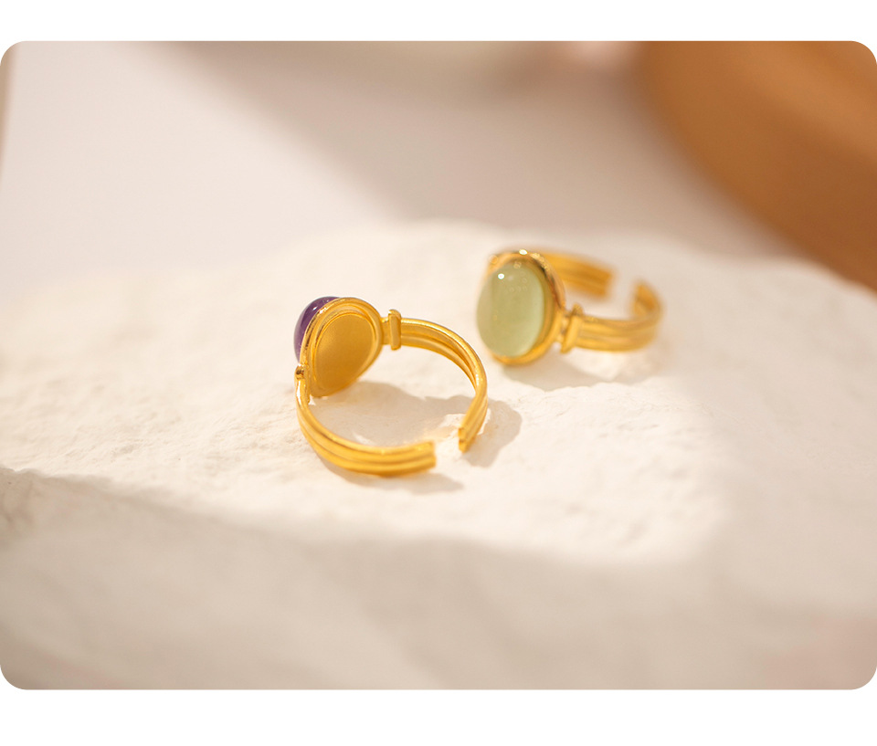 304 Stainless Steel Material Oval Pattern Wholesale Jewelry French Style Oval 304 Stainless Steel Artificial Gemstones PVD Coated Inlay Open Ring