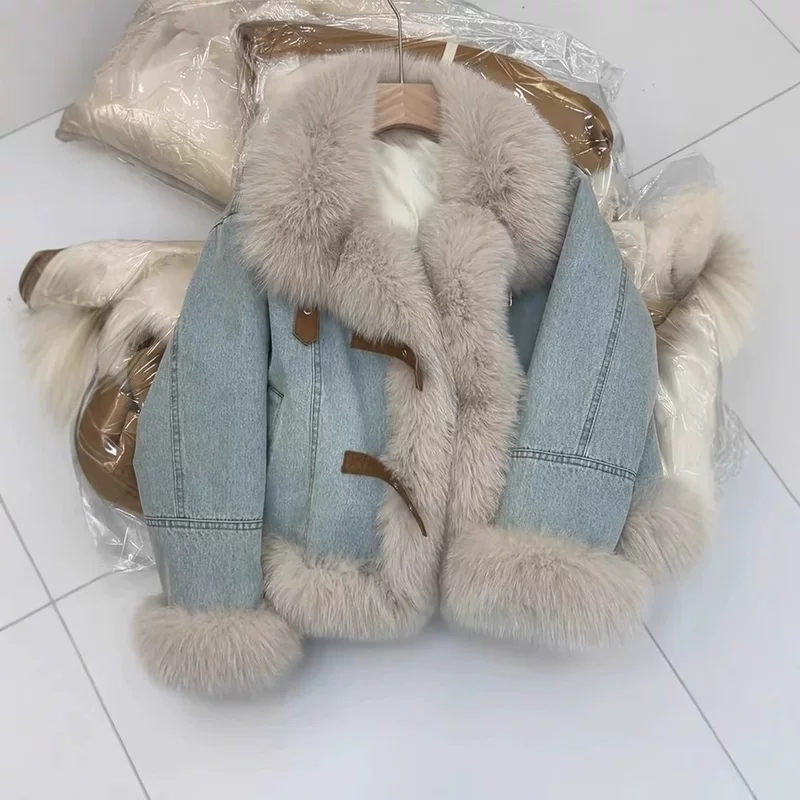 Дизайнерская синяя джинсовая бархатная утеплённая куртка с пухом, тренд сезона, увеличенная плотность