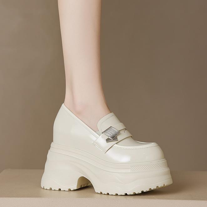 Giày lười nữ tăng chiều cao 12cm đế dày da sáng chế mũi vuông phong cách loafer — đen, Màu trắng nhạt