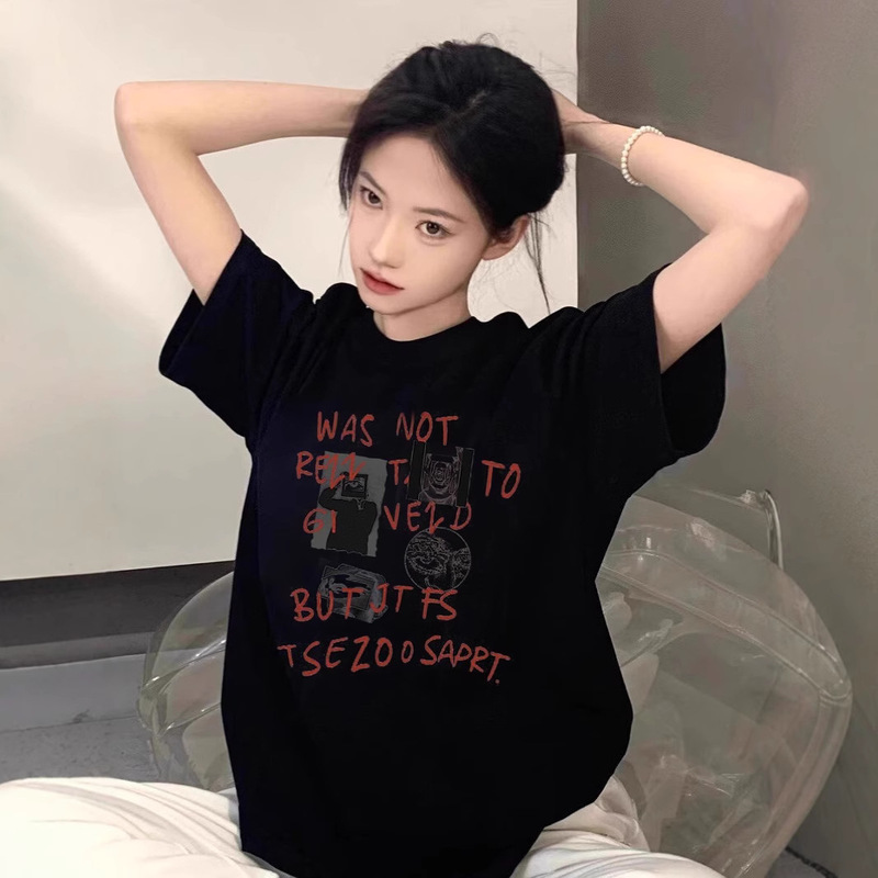 chubby girl Black Half-sleeved Short-sleeved T-shirt Women's Summer New Loose American-style High Street Design Sense oversize Top
