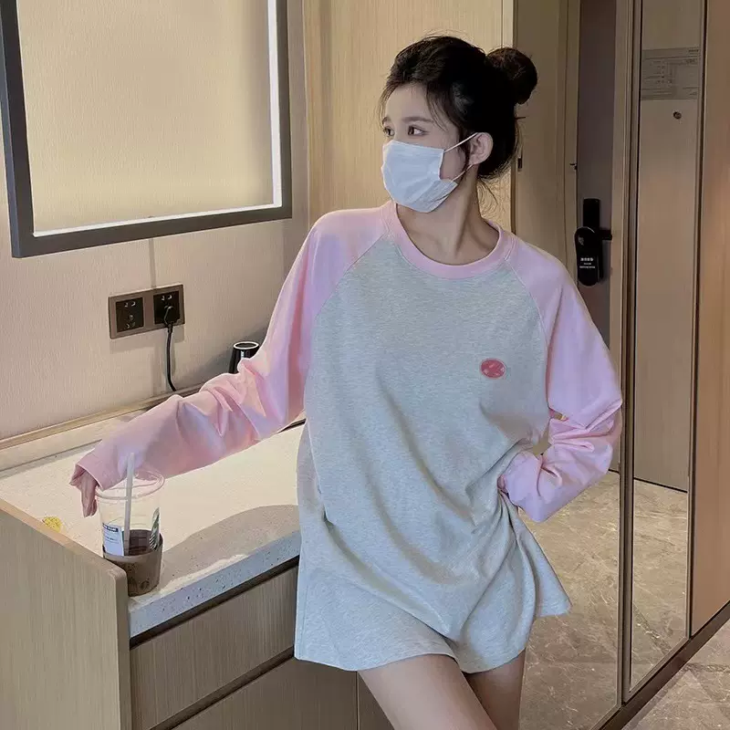 ADER新款潮牌撞色拼接小标宽松圆领韩版长袖T恤打底衫男女卫衣ins