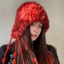 加厚毛绒绒真兔毛流苏针织帽子女秋冬防寒显脸小百搭大头围包头帽