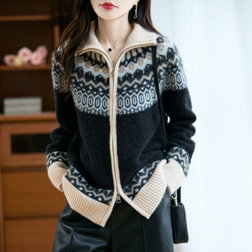 Fair Island Jacquard wool cardigan women's thick knitted sweater coat Age-reducing autumn and winter women's top new
