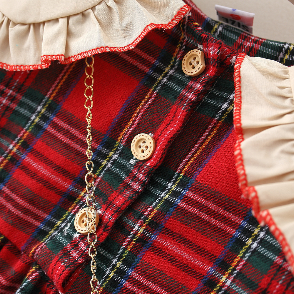 Jul Ny höst Flickrutad långärmad klänning Korean Edition Barndocka Polokrage Bomull Liten_voghion.com